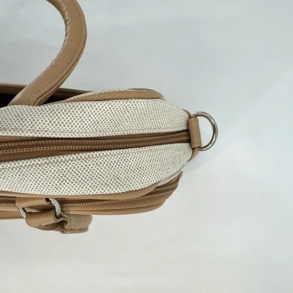 Vintage Faux Canvas Organizer Satchel Bag‎ Tan Cream Multi Pocket Briefcase